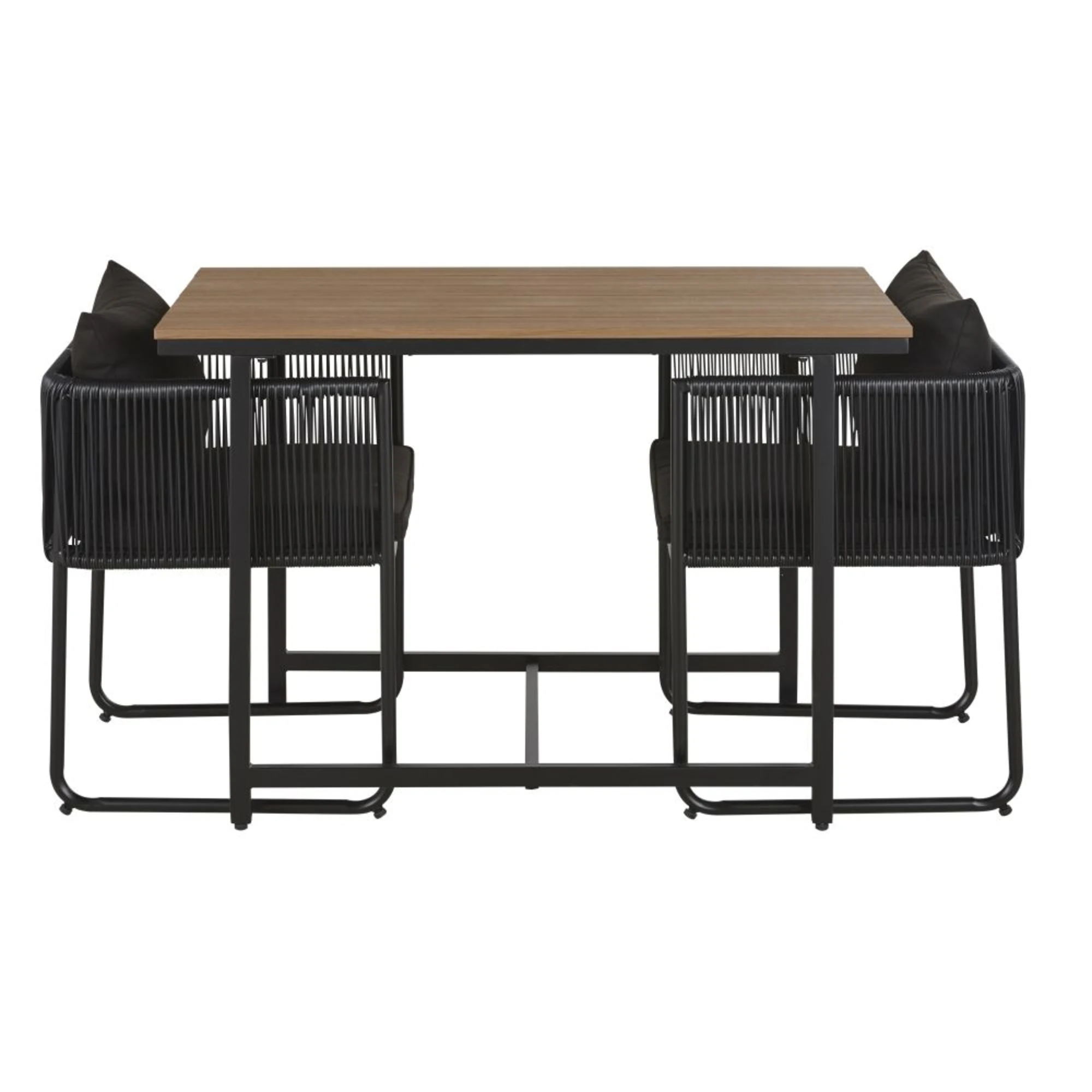 Kleine und platzsparende Balkonmöbel Swann mit einem Tisch und zwei Stühlen in moderer Optik aus Teakholz und schwarz von Maisons du Monde