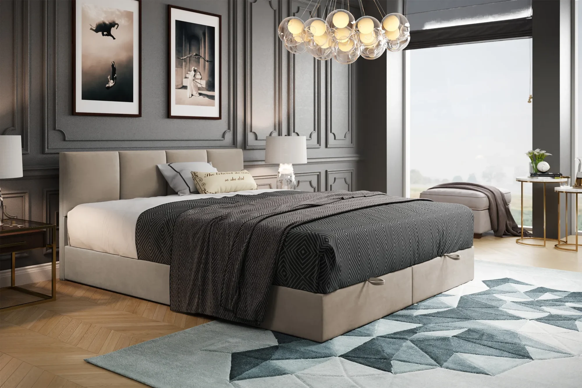 Modernes beiges Boxspringbett Royal mit Bettkasten von TRADA im Schlafzimmer
