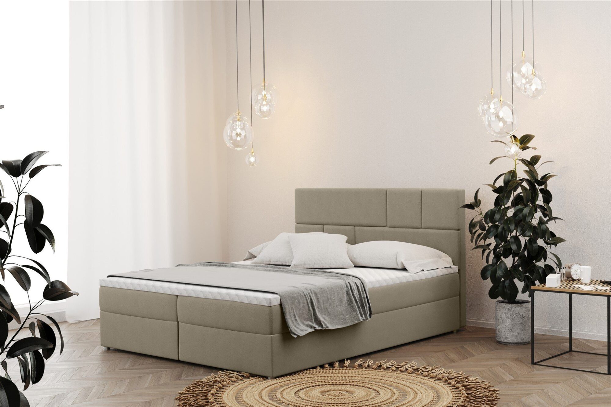 Beiges/Schlammfarbenes Bett in Samtstoff Velvet mit modernem Kopfteil in asymmetrischen Look und Bettkasten als Stauraumin einem stylischen Schlafzimmer von Fun Möbel bei Otto