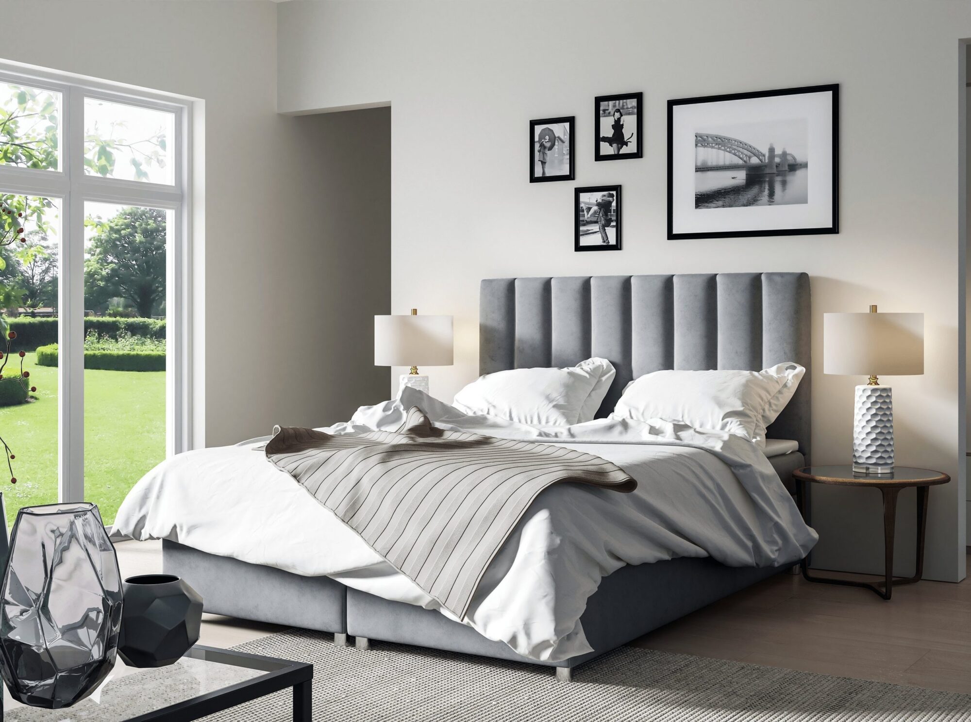 Graues/Silberfarbenes Bett Trinity K10 in Samt mit gesteppten Kopfteil in moderner Rillenoptik inklusive Bettkasten für Stauraum von Best for Home bei Otto