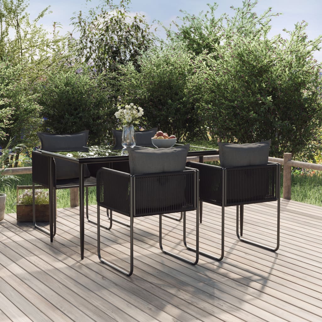 Modernes Terrassenmöbel Set 5-teilig mit rechteckigem Tisch aus Glas in schwarz und vier Stühlen in moderner geflochtener Optik mit anthratifarbenen Kissen und schwarzen Metallbeinen von vidaXL
