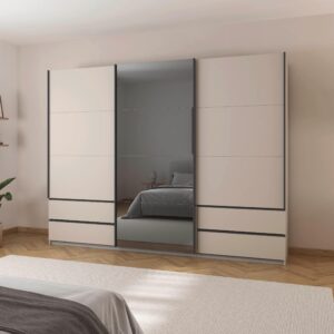 wohnli-moebel-suche-000380053227-1 Schwebetürenschrank Elara Weiß/Champagnerfarben Holzwerkstoff Premium Living Möbel > Schränke > Kleiderschränke > Schwebetürenschränke Grau