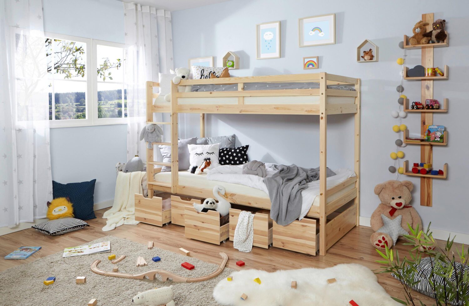 Etagenbett Finn mit 5 Schubkästen ca.90x200cm Kiefer Holz MID.YOU Möbel > Betten > Hoch- und Etagenbetten Weiß