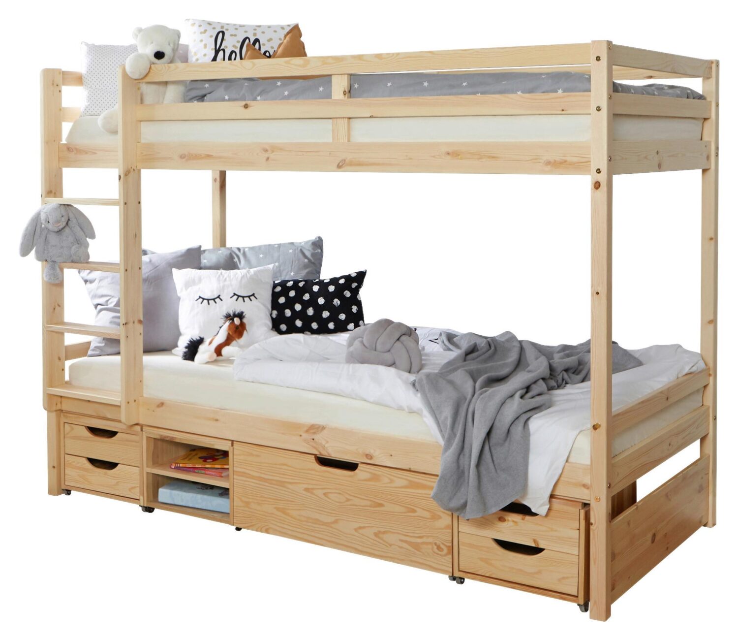 Wohnli Möbelsuche - Etagenbett Finn mit 4 Schubkasten ca.90x200cm Kiefer