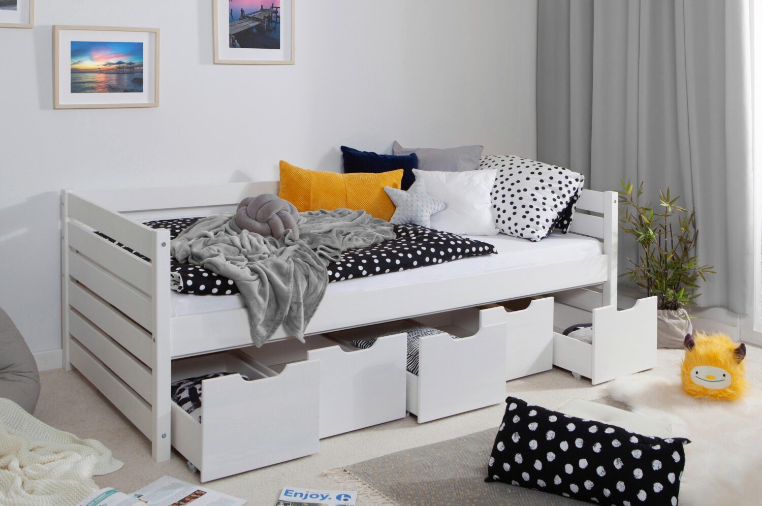 Stauraumbett Naomi mit 5 Schubkästen ca. 90x200 cm Weiß Holz MID.YOU Möbel > Betten Weiß