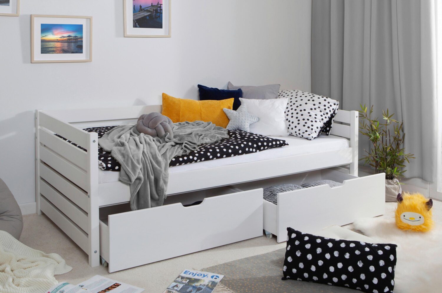 Stauraumbett Naomi mit 2 Schubkästen ca. 90x200 cm Weiß Holz MID.YOU Möbel > Betten Weiß