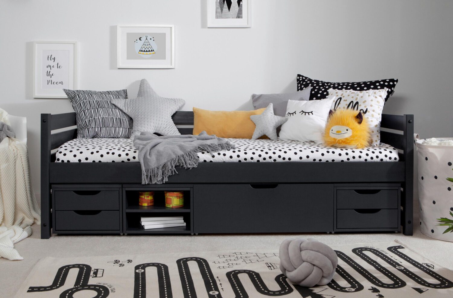 Stauraumbett Naomi mit 4 Schubkästen ca. 90x200 cm Grau Holz MID.YOU Möbel > Betten Grau