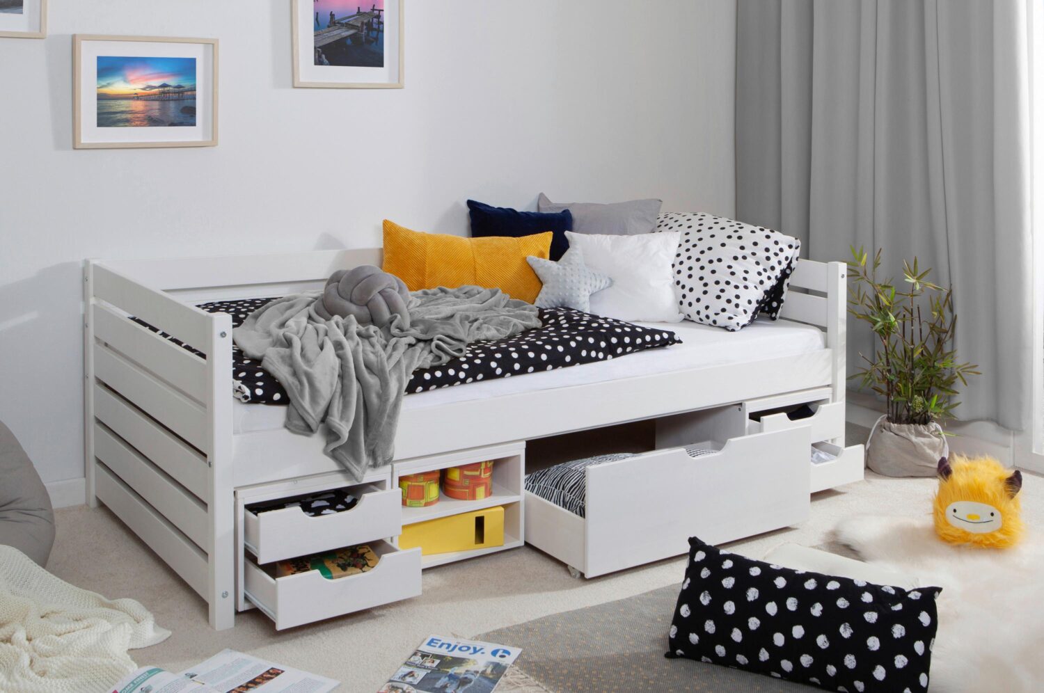 Stauraumbett Naomi mit 4 Schubkästen ca. 120x200cm Weiß Holz MID.YOU Möbel > Betten Weiß