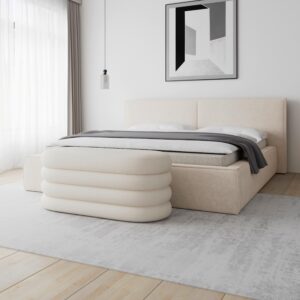 Hockerbank Lorena Beige Boucle Gepolstert mit Stauraum Holz, Textil Bessagi Home Garderoben > Garderobenbänke Beige