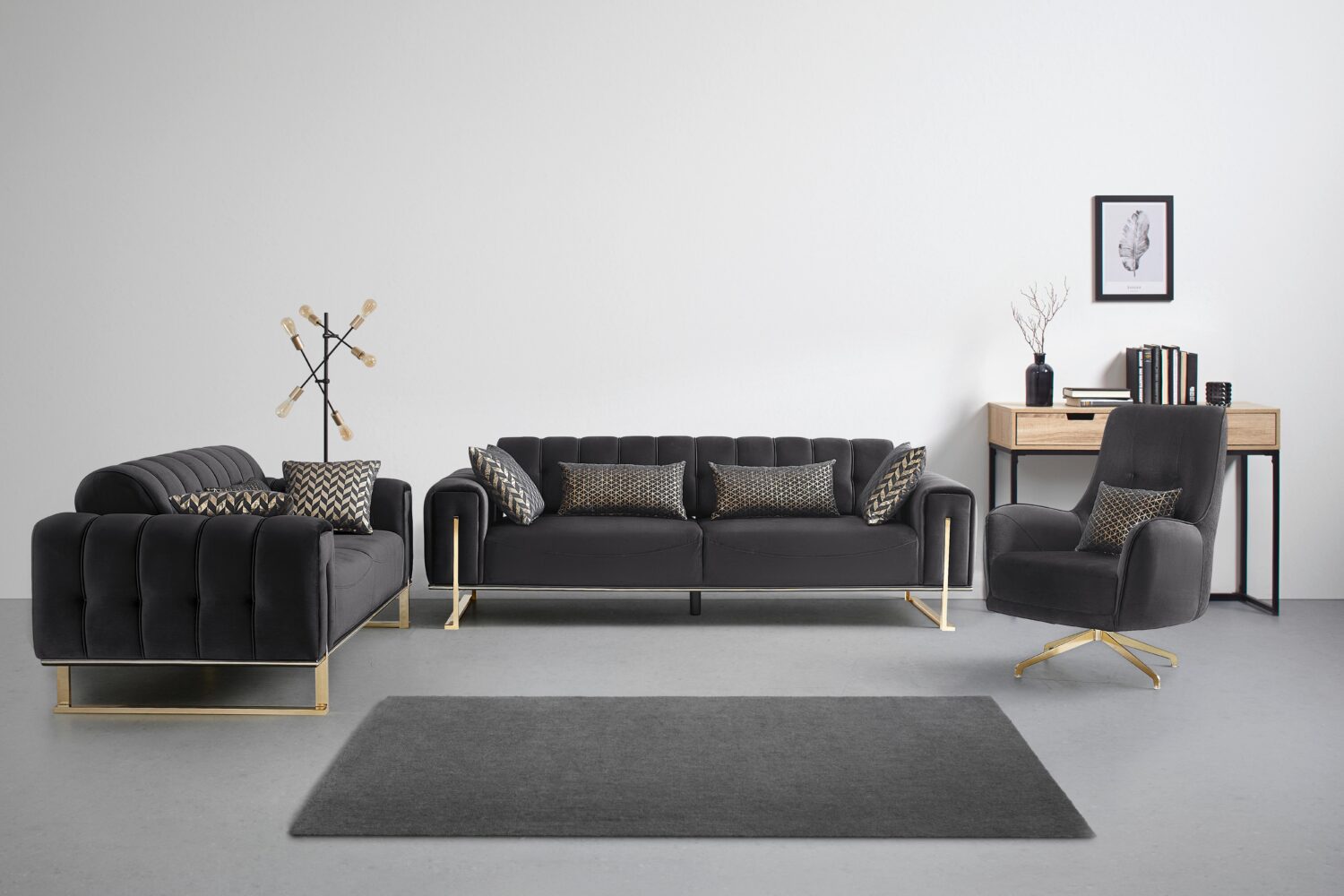 3-Sitzer-Sofa Aile in Schwarz/Goldfarben Textil Based Wohnzimmermöbel Schwarz