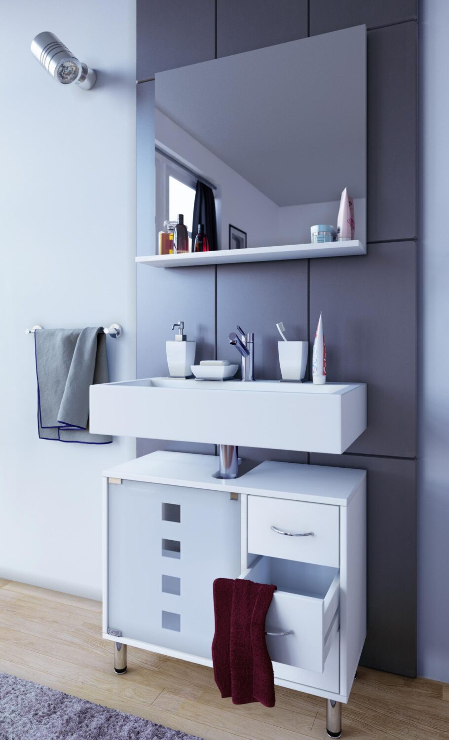 Waschbeckenunterschrank Darola Glastür ca. 67x58 cm Weiß Glas MID.YOU Möbel > Schränke > Badezimmerschränke > Waschbeckenunterschränke Weiß