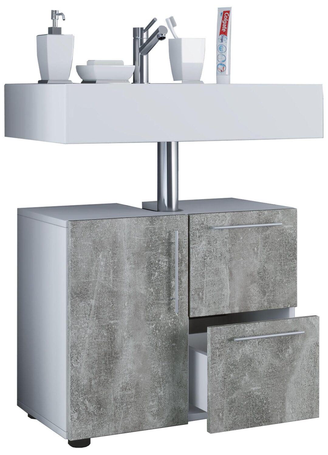 Waschbeckenunterschrank Flandu ca. 61 cm Beton/Weiß Holzwerkstoff MID.YOU Möbel > Schränke > Badezimmerschränke > Waschbeckenunterschränke Grau