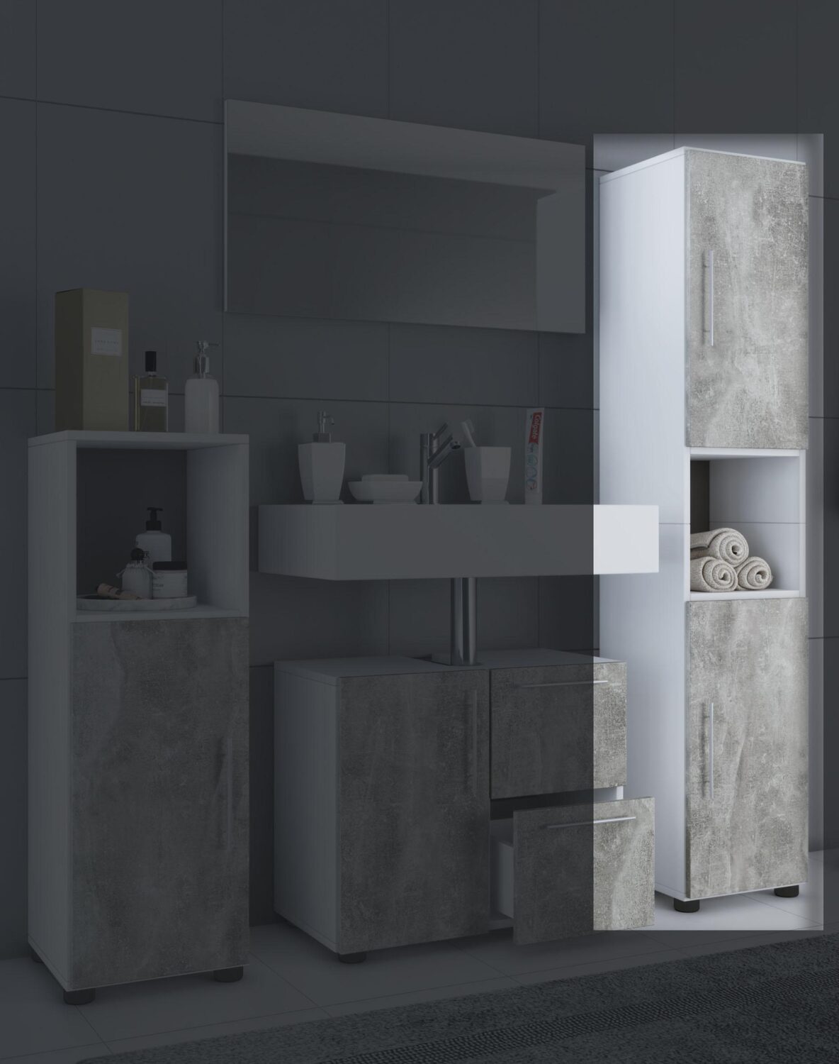 Hochschrank Flandu ca. 31x160 cm Beton/Weiß Holzwerkstoff MID.YOU Möbel > Schränke > Badezimmerschränke > Hochschrank Grau