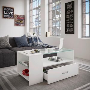 Couchtisch Tindala mit Stauraum Weiß Glas, Holzwerkstoff MID.YOU Möbel > Tische > Couchtische > Couchtische mit Stauraum Weiß