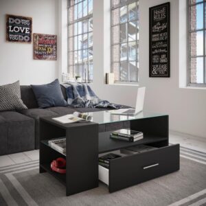 Couchtisch Tindala Schwarz mit Stauraum Glas, Holzwerkstoff MID.YOU Möbel > Tische > Couchtische > Couchtische mit Stauraum Schwarz