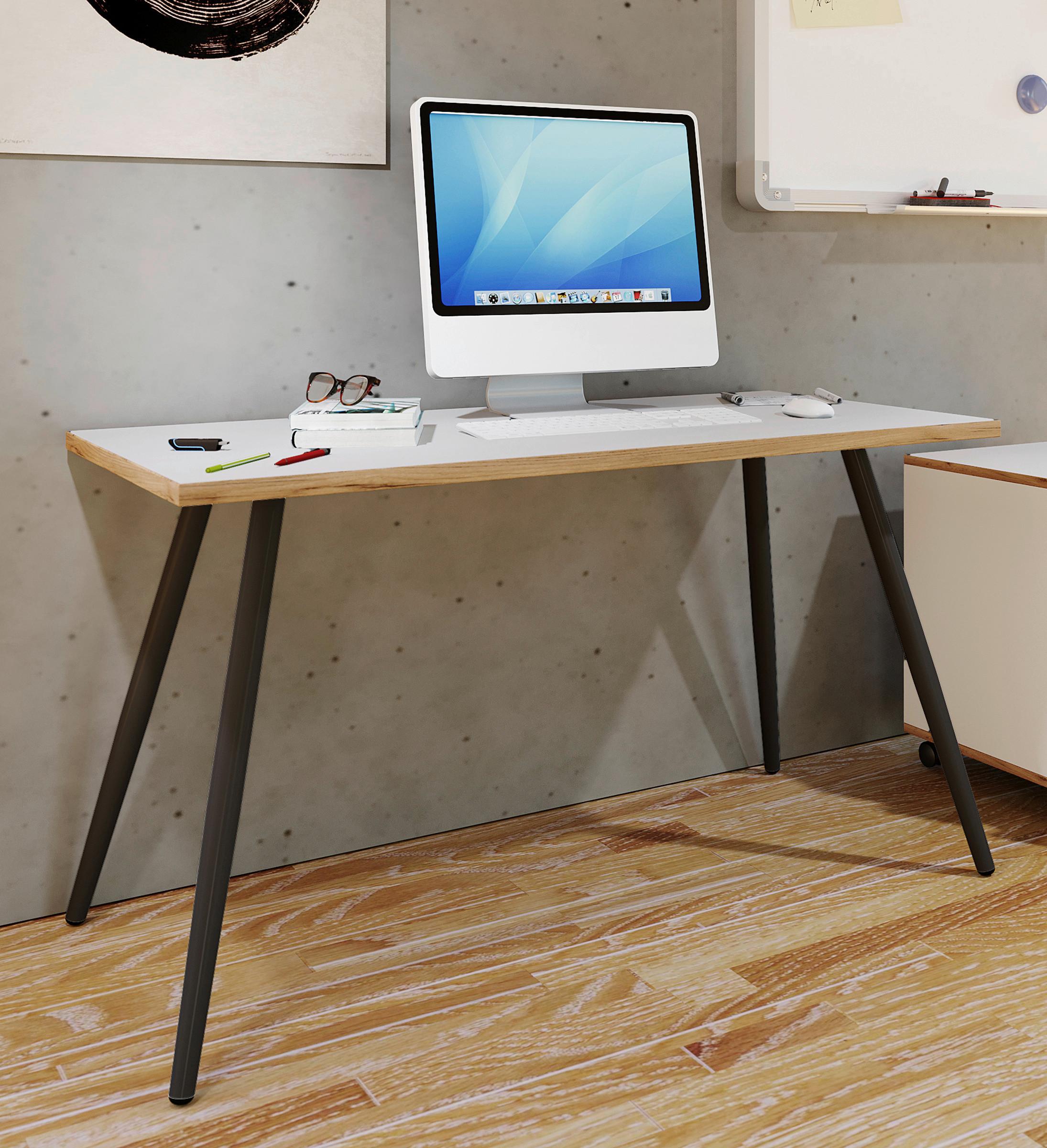 Schreibtisch Salia T80 Weiß/Eichefarben/Schwarz Metall, Holzwerkstoff P & B Möbel > Tische > Schreibtische > Schreibtische Weiß