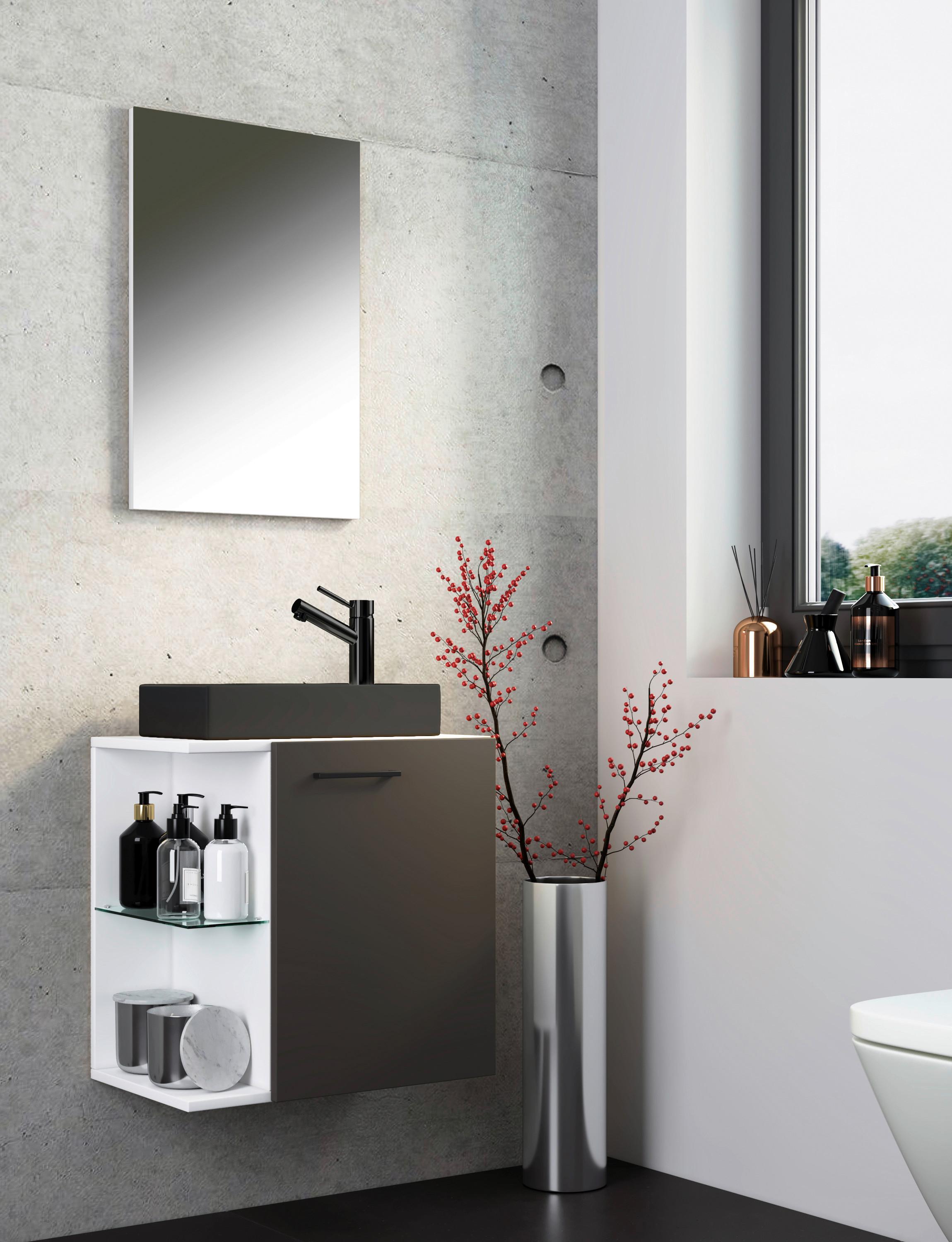 Badezimmer Hausa 3-tlg. Anthrazit/Weiß/Schwarz Glas, Keramik, Holzwerkstoff MID.YOU Möbel > Schränke > Badezimmerschränke Anthrazit