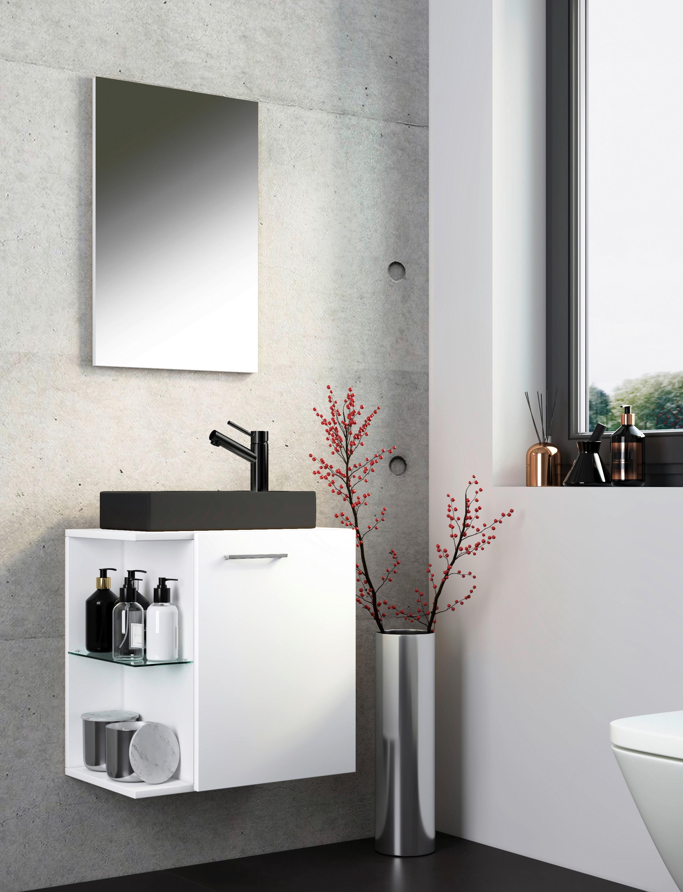 Badezimmer Hausa 3-tlg. Weiß/Schwarz Glas, Keramik, Holzwerkstoff MID.YOU Möbel > Schränke > Badezimmerschränke Weiß