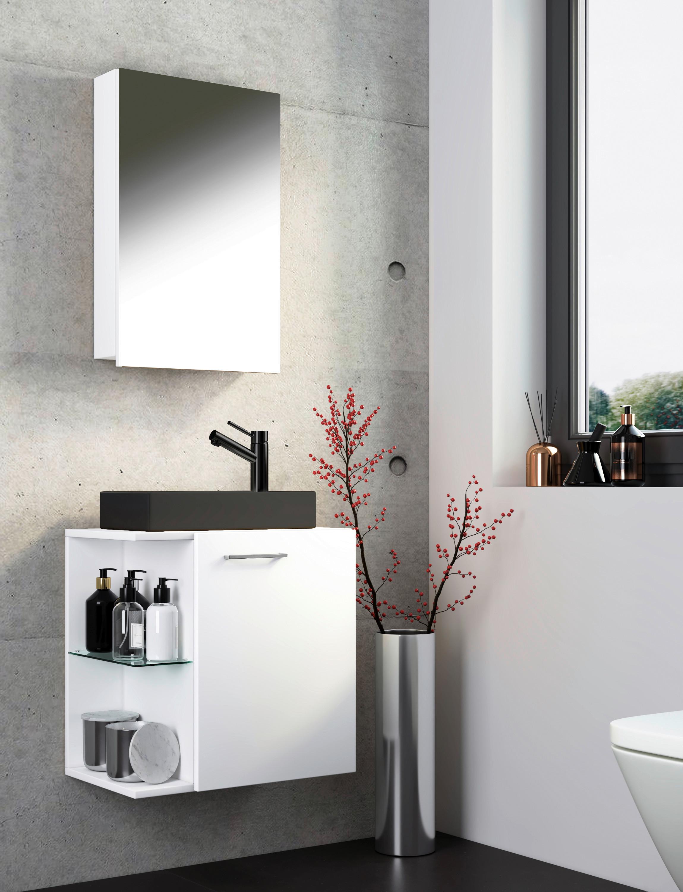 Badezimmer Hausa BL 3-tlg. Weiß/Schwarz Keramik, Holzwerkstoff, Glas MID.YOU Möbel > Schränke > Badezimmerschränke Weiß