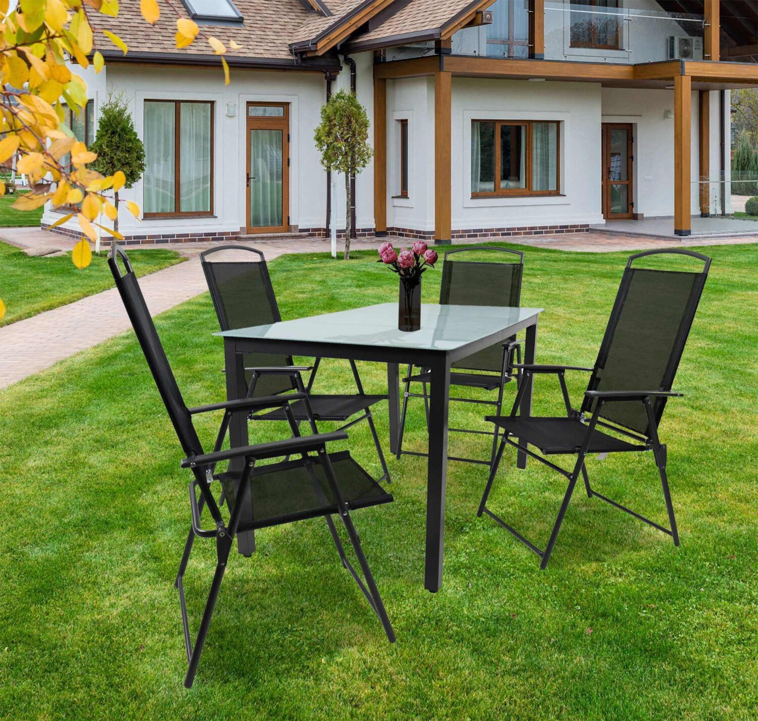Gartentischgruppe Schwarz 5-teilig Metall, Glas, Textil Gardenson Garten & Outdoor > Gartenmöbel > Gartenmöbel-Sets Schwarz