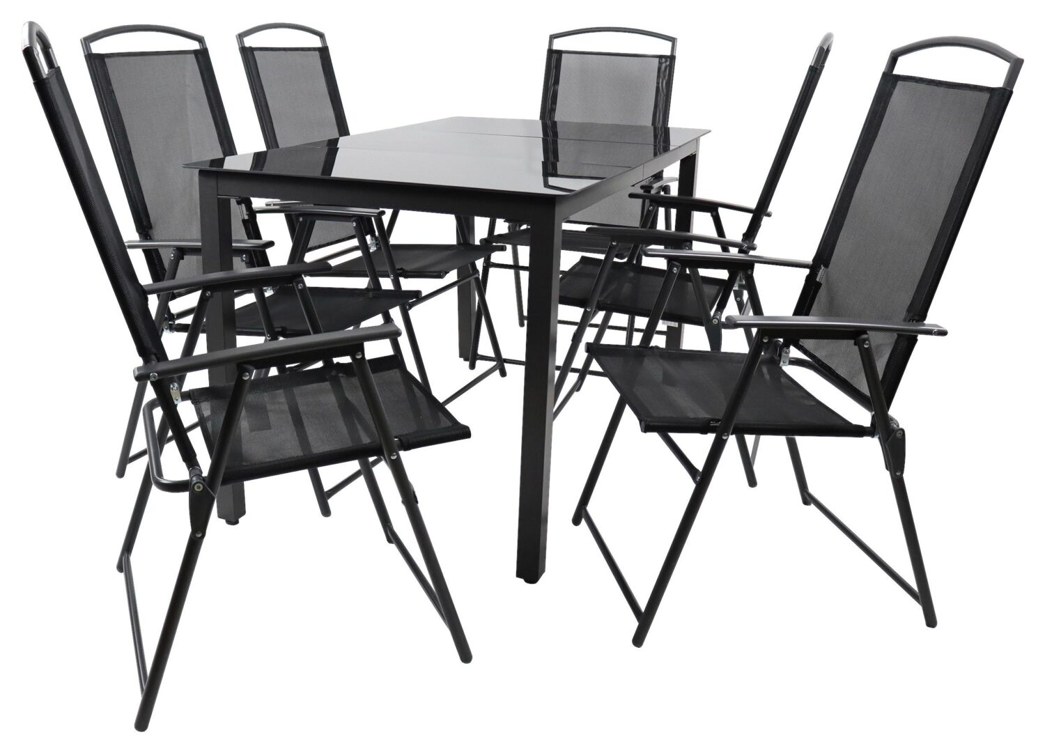 Gartentischgruppe Schwarz 7-teilg Metall, Glas, Textil Gardenson Garten & Outdoor > Gartenmöbel > Gartenmöbel-Sets Schwarz