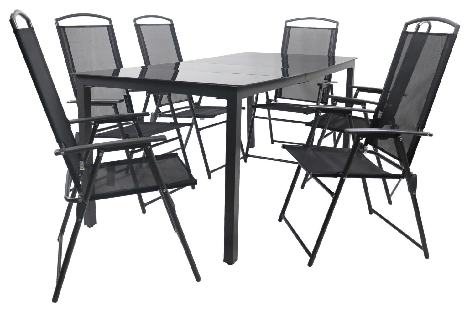 Gartentischgruppe Schwarz 7-teilig Metall, Glas, Textil Gardenson Garten & Outdoor > Gartenmöbel > Gartenmöbel-Sets Schwarz