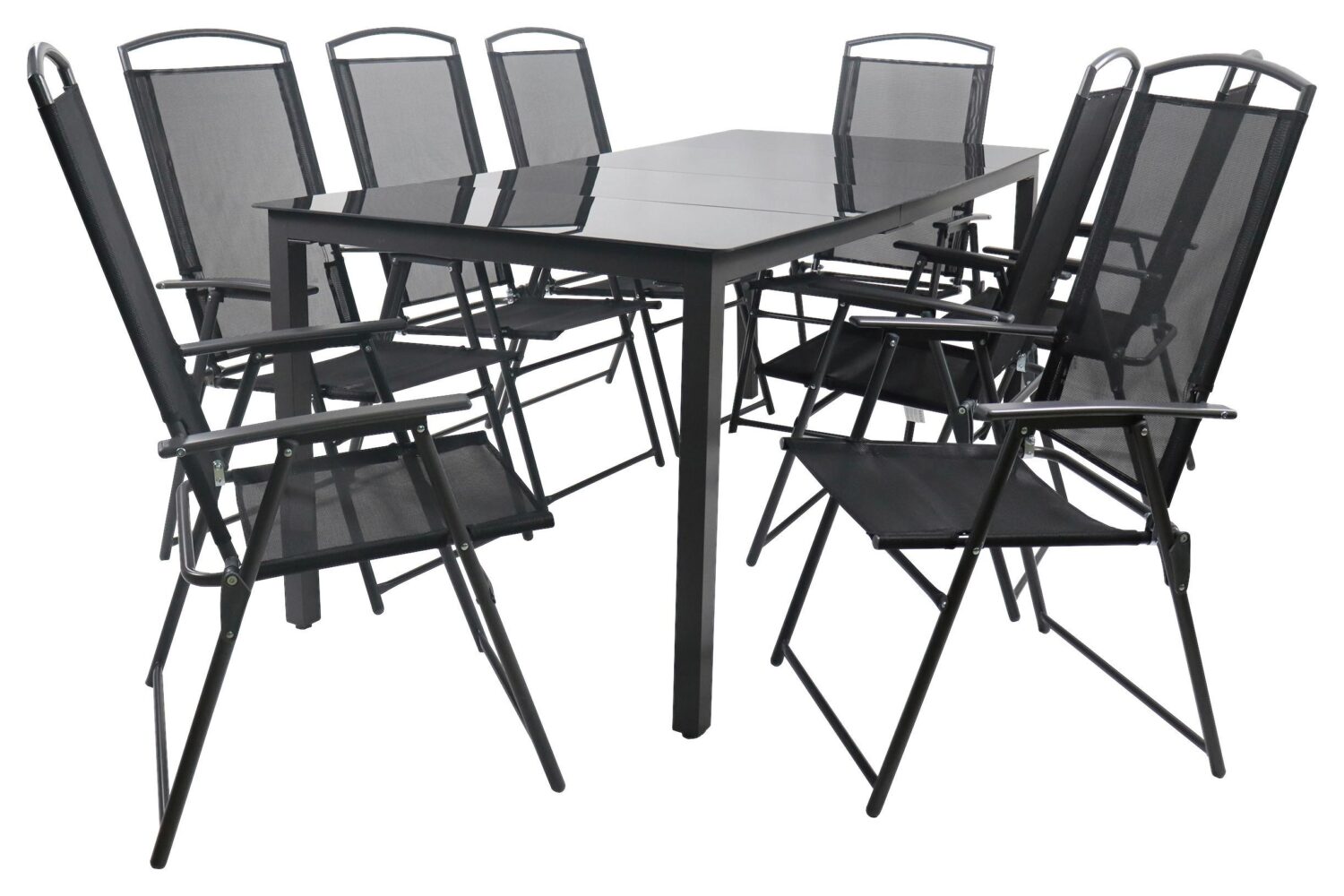 Gartentischgruppe Schwarz 9-teilig Metall, Glas, Textil Gardenson Garten & Outdoor > Gartenmöbel > Gartenmöbel-Sets Schwarz