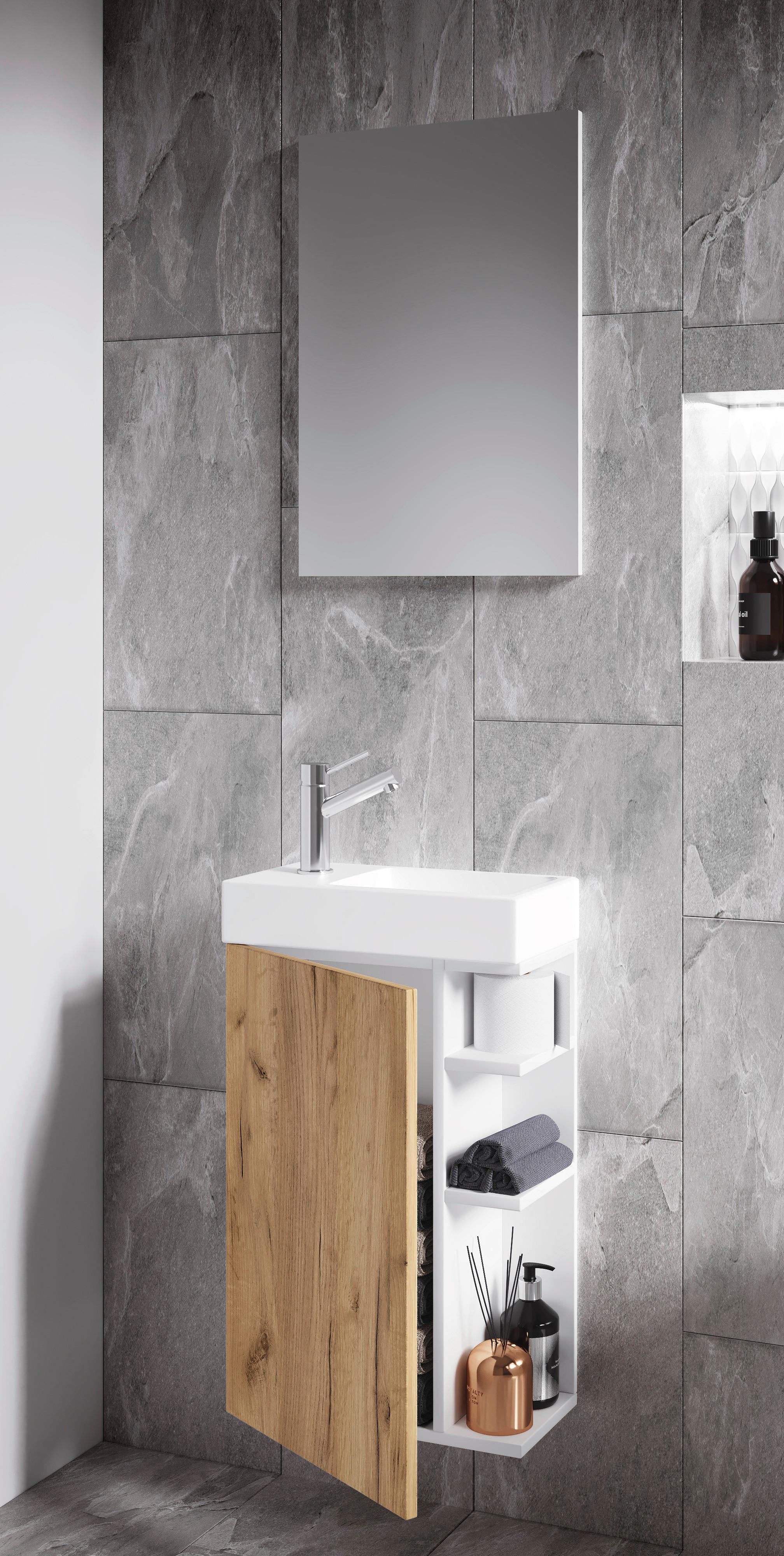 Badezimmer Lumia 3-tlg. Weiß/Honigeiche Glas, Holzwerkstoff MID.YOU Möbel > Schränke > Badezimmerschränke Weiß