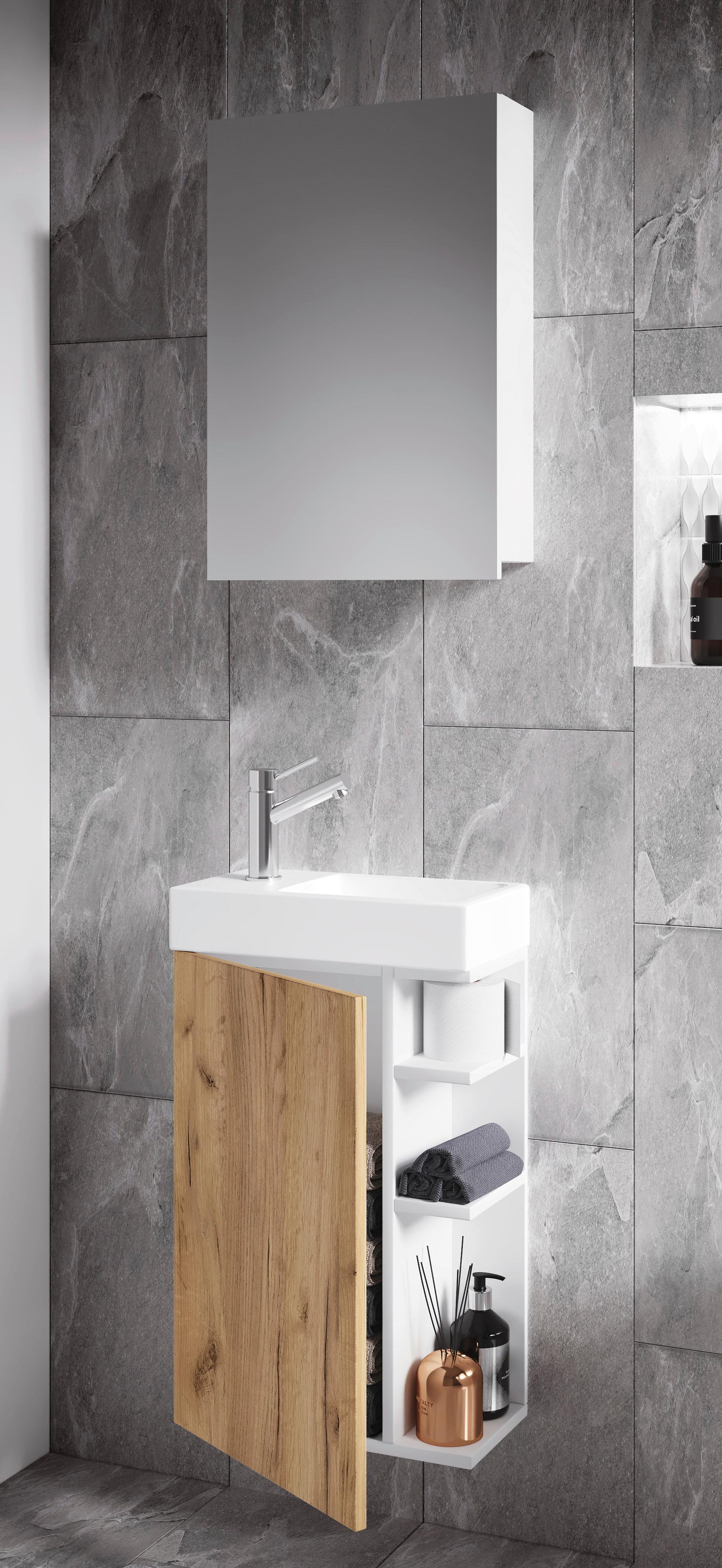 Badezimmer Lumia 3-tlg. Weiß/Honigeiche Glas, Holzwerkstoff MID.YOU Möbel > Schränke > Badezimmerschränke Weiß