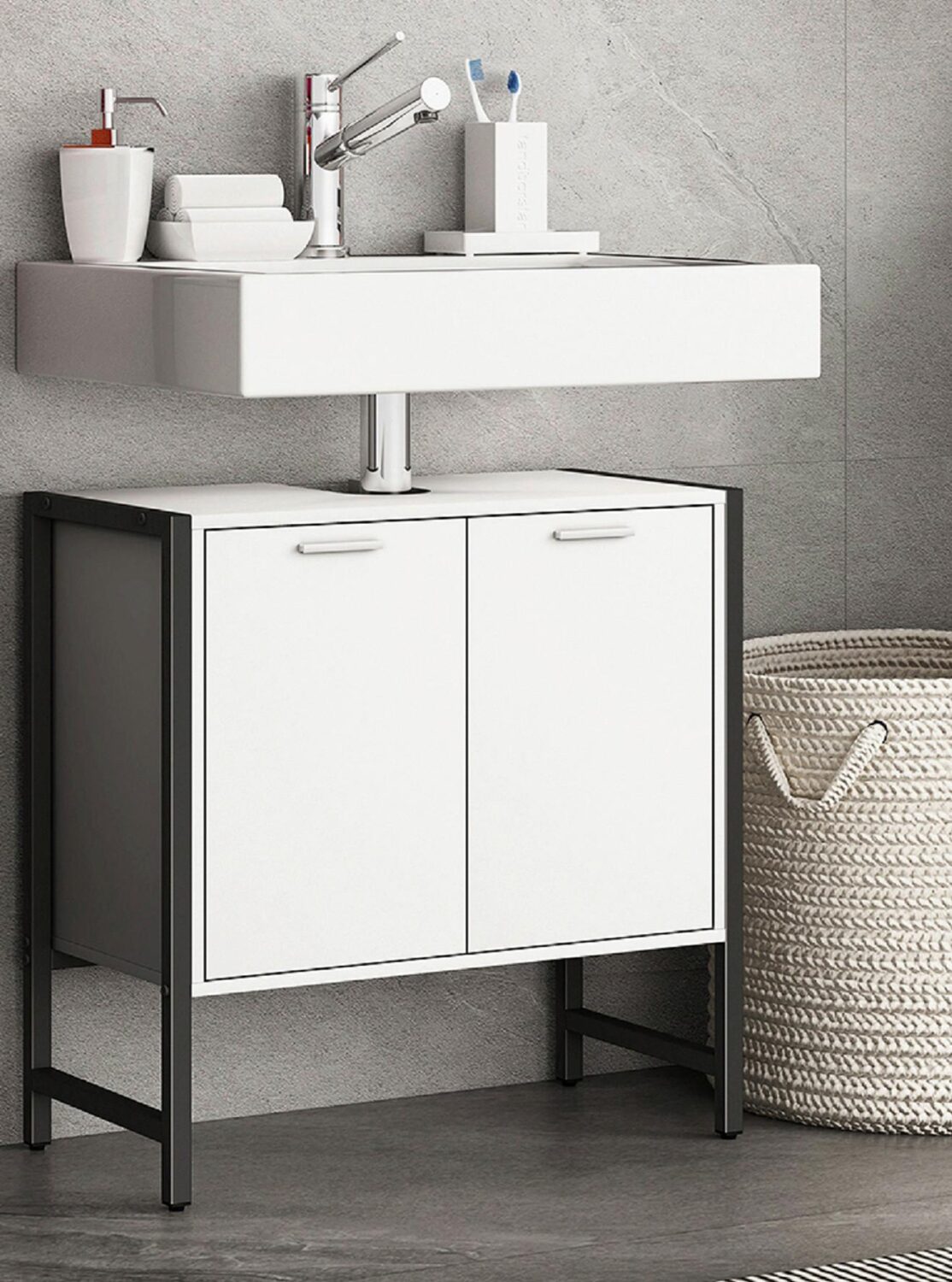 Waschbeckenunterschrank Edino ca. 60x60 cm Weiß/Schwarz Metall, Holzwerkstoff MID.YOU Möbel > Schränke > Badezimmerschränke > Waschbeckenunterschränke Weiß