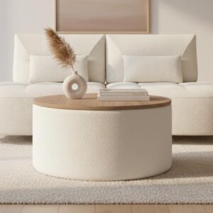 Couchtisch Elliot Weiß Bouclé mit Stauraum rund Holz, Textil, Holzwerkstoff Bessagi Home Möbel > Tische > Couchtische > Couchtische mit Stauraum Braun