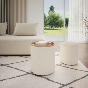 Hocker Set Melanie Bouclé Weiß Textil, Holzwerkstoff Bessagi Home Wohnzimmermöbel Weiß