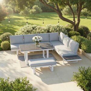 wohnli-moebel-suche-000784000801 Wohnli Möbelsuche - Dining-Loungeset Leandra Hellg Outdoorstoff/Metall/Polywood