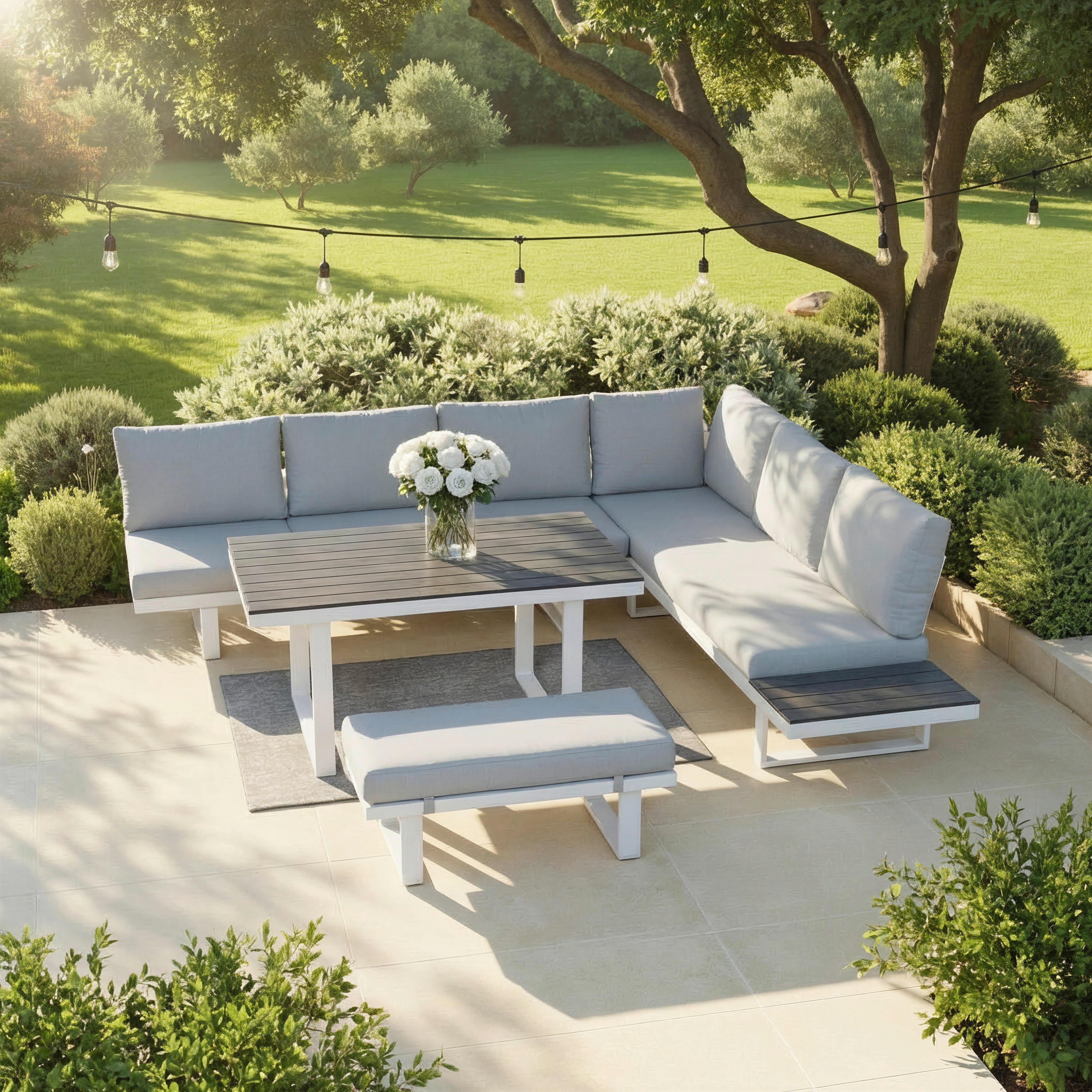 wohnli-moebel-suche-000784000801 Wohnli Möbelsuche - Dining-Loungeset Leandra Hellg Outdoorstoff/Metall/Polywood