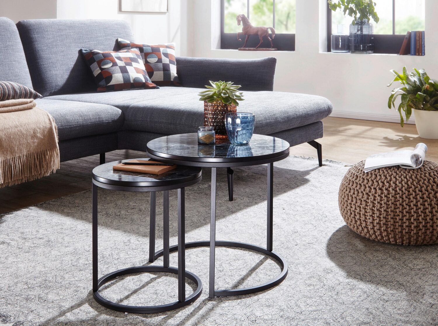 Beistelltisch rund 2er-Set Marmoroptik Schwarz Holzwerkstoff MID.YOU Möbel > Tische > Beistelltische > Beistelltische rund Schwarz