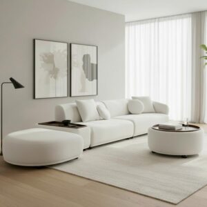 Wohnlandschaft Kira Weiß Webstoff inkl. Couchtisch Holz, Textil Bessagi Home Möbel > Sofas & Couches > Wohnlandschaften > Ecksofas > XXL Ecksofas Weiß