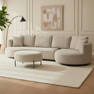 Wohnlandschaft Nilas Beige Chenille mit Hocker Holz, Metall, Textil Bessagi Home Möbel > Sofas & Couches > Wohnlandschaften > Wohnlandschaften U-Form Beige