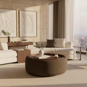 Couchtisch Kira Chenille Braun / Walnuss Holz, Textil Bessagi Home Möbel > Tische > Couchtische > Couchtische mit Stauraum Braun