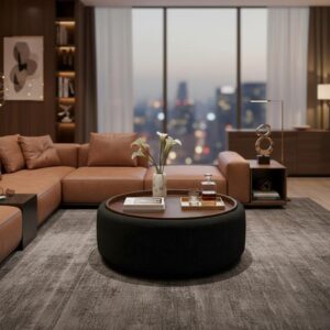 Couchtisch Kira Chenille Schwarz/Walnuss Holz, Textil Bessagi Home Möbel > Tische > Couchtische > Couchtische mit Stauraum Schwarz