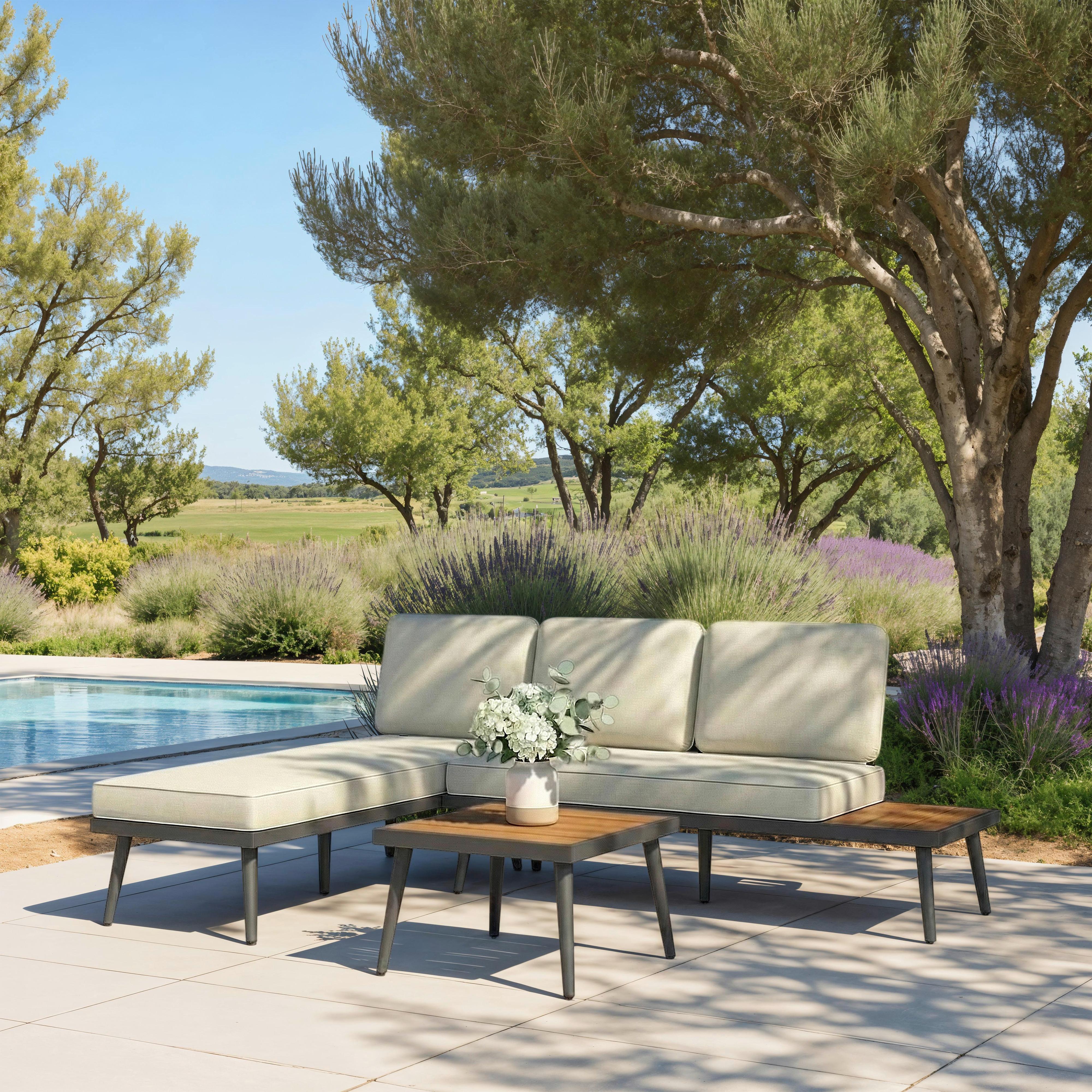 Wohnli Möbelsuche - Loungegarnitur Sallie Creme Holz/Metall/Outdoorstoff