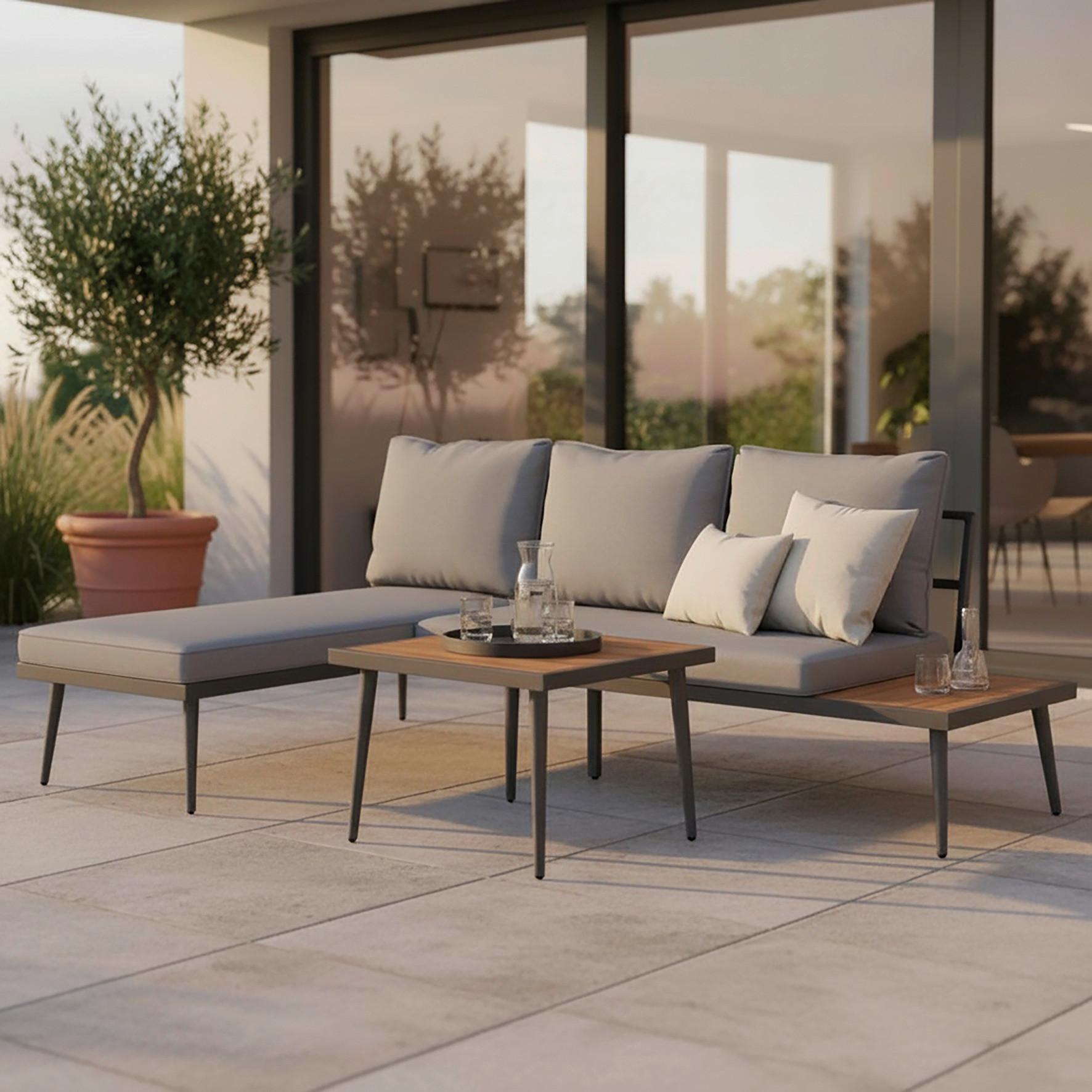 Wohnli Möbelsuche - Loungegarnitur-Set Sallie Grau Holz/Metall/Outdoorstoff
