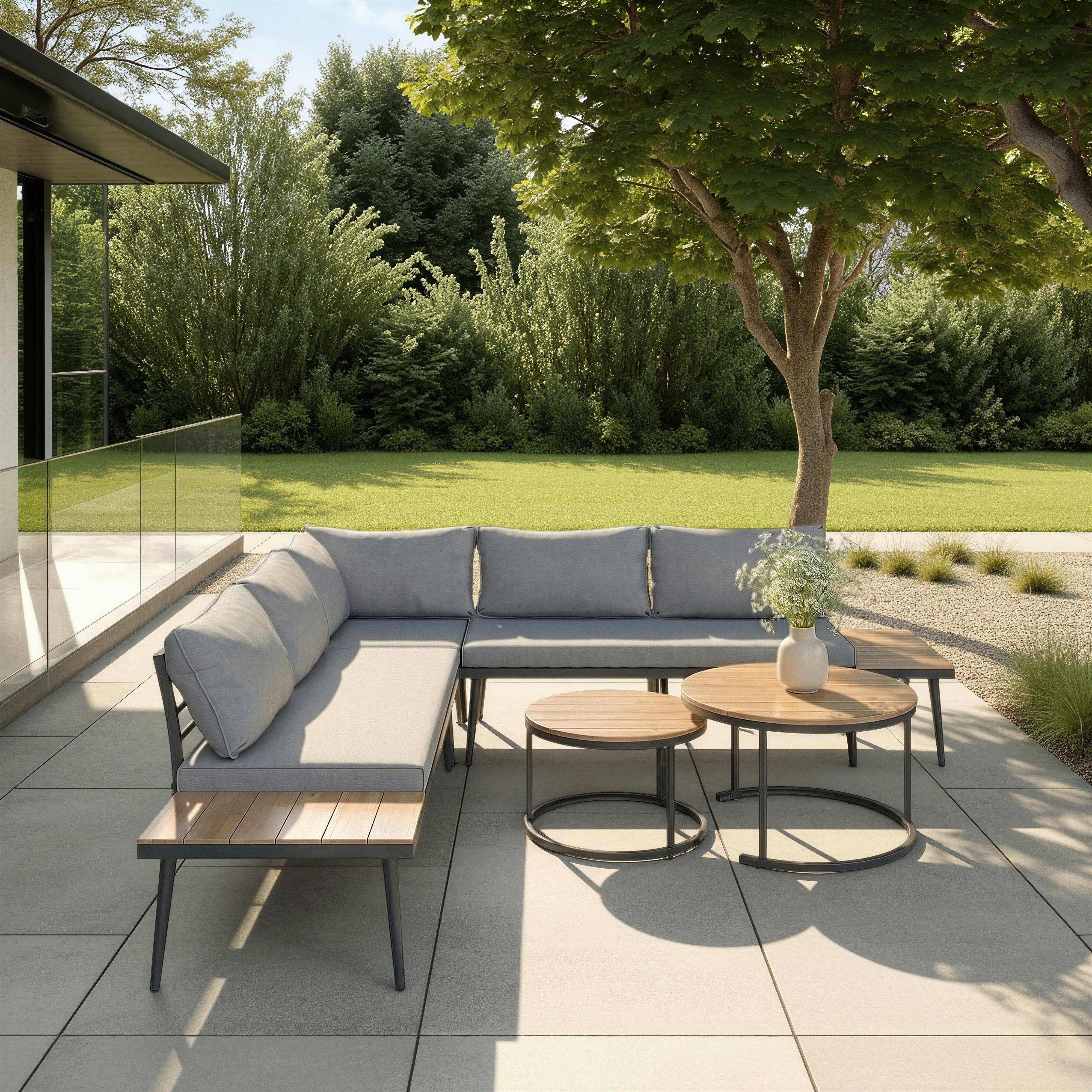 Wohnli Möbelsuche - Loungegarnitur-Set Lorena Grau Akazie Metall/Outdoorstoff