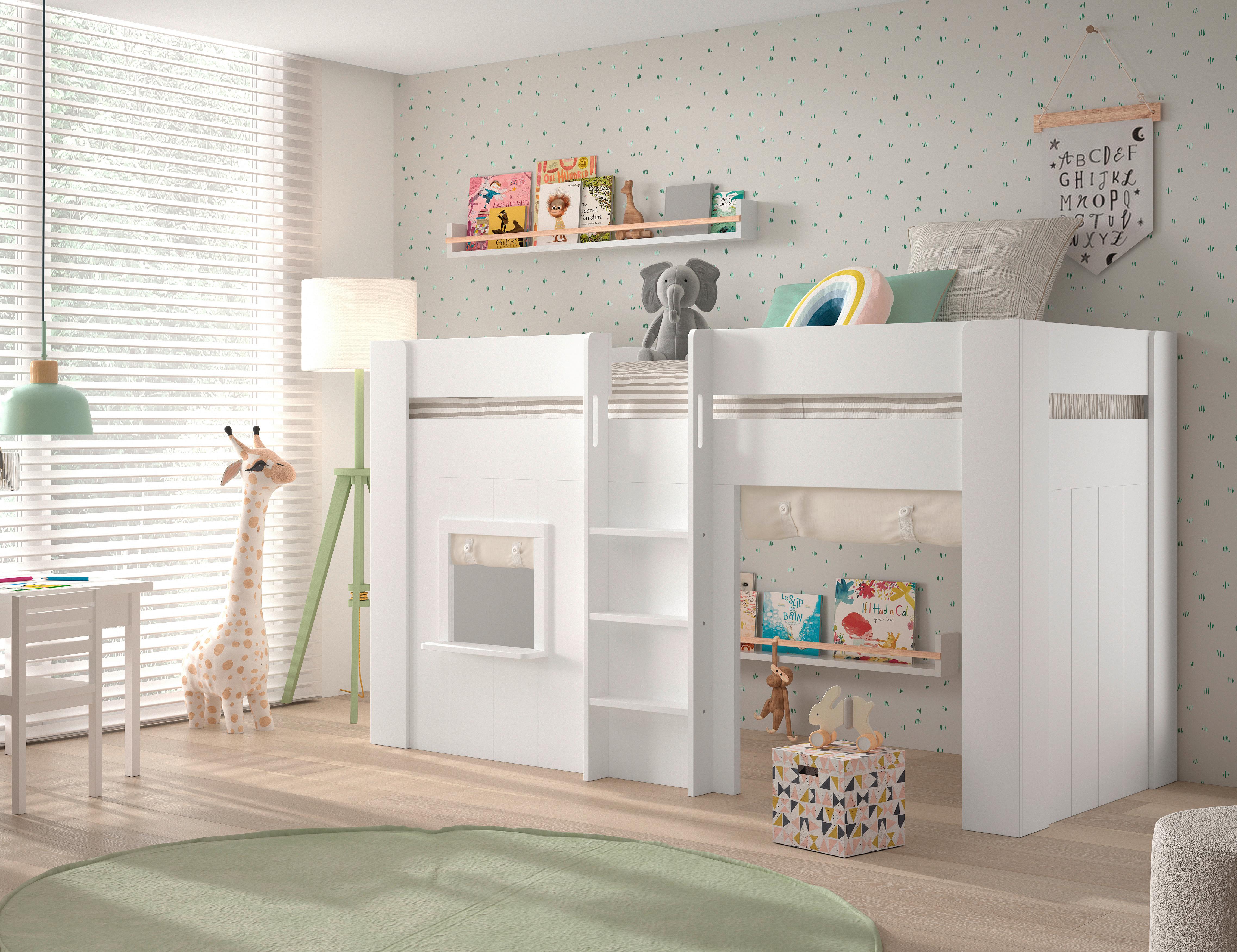 wohnli-moebel-suche-001315007002 Wohnli Möbelsuche - Hochbett RENO Weiß ca. 90x200 cm MDF mit Vorhang