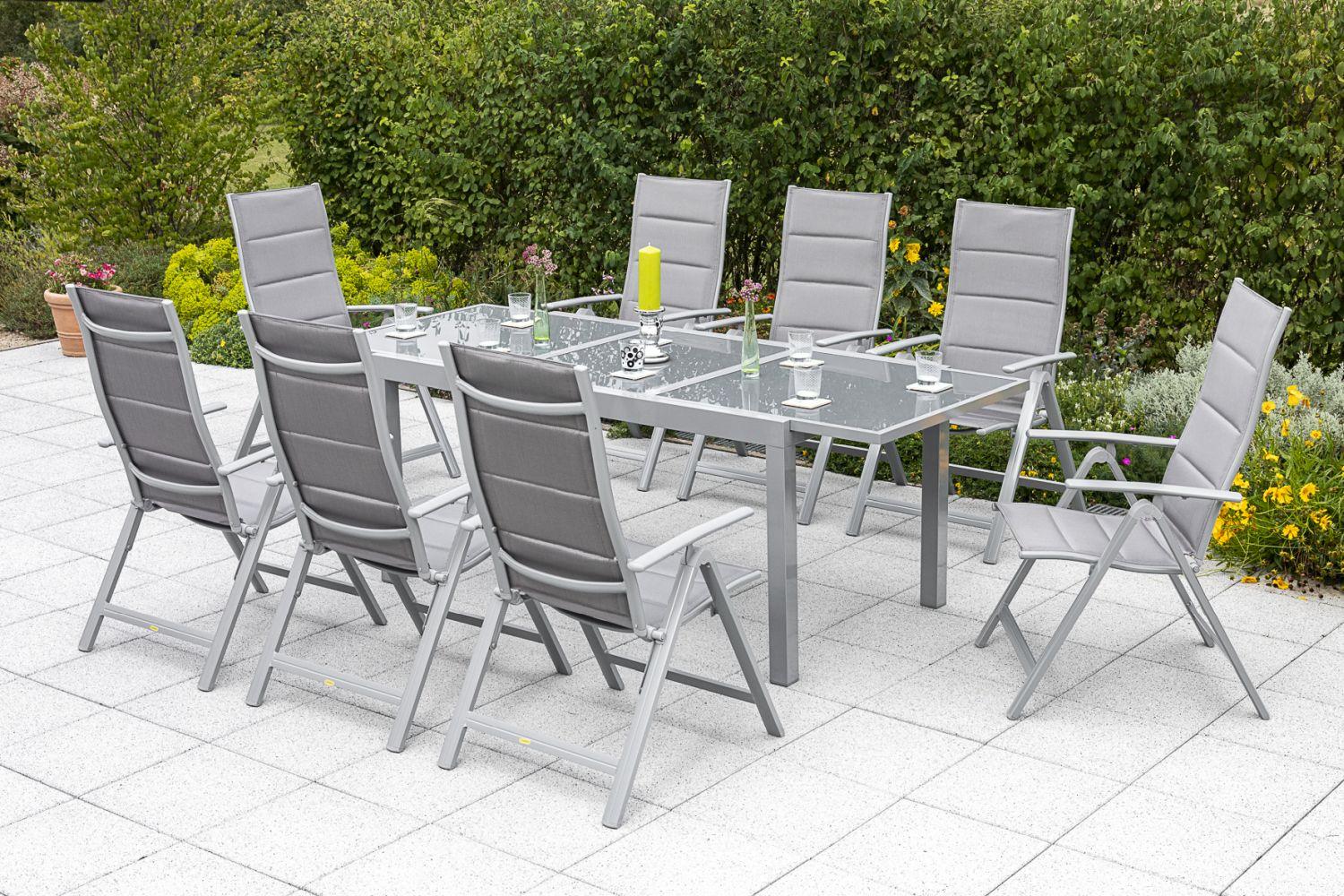 wohnli-moebel-suche-001442005712 Wohnli Möbelsuche - Gartengarnitur 9-tlg. Taviano Metall/Textil/Glas
