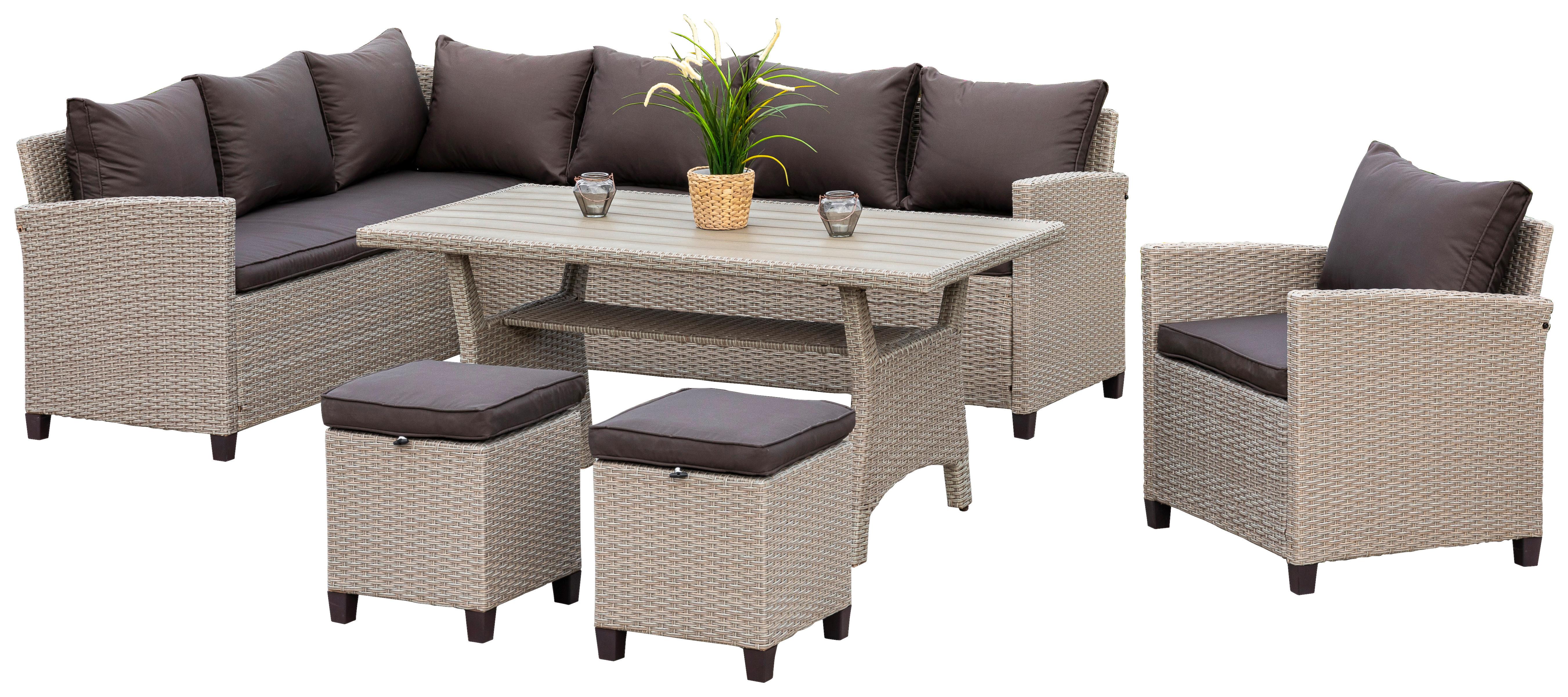 Loungegarnitur 5-tlg. Palma Kunststoffgeflecht mit Kissen Metall, Kunststoff, Textil Gardenson Garten & Outdoor > Loungemöbel > Loungegarnituren Braun