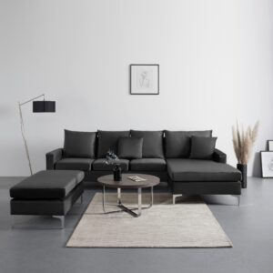 wohnli-moebel-suche-001458000402-1 Wohnlandschaft Alondra Dunkelgrau Webstoff mit Hocker Holz, Metall, Textil Bessagi Home Möbel > Sofas & Couches > Wohnlandschaften > Ecksofas > XXL Ecksofas Grau