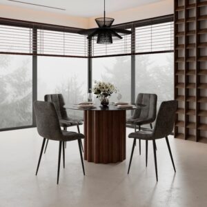 wohnli-moebel-suche-001467004201-1 Esstisch Zelia Walnussfarben MDF/Kristallglas rund Holz, Glas, Holzwerkstoff Bessagi Home Möbel > Tische > Esstische > Esstische Holz Braun