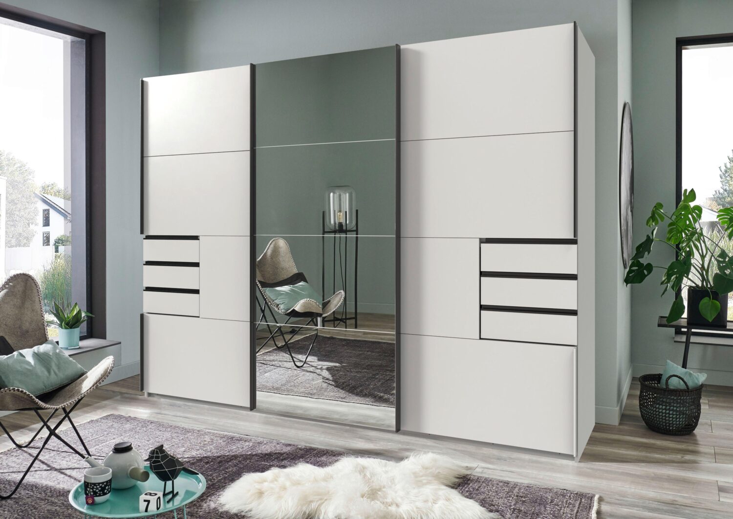 Schwebetürenschrank Saigon ca. 270x210 cm Weiß Metall MID.YOU Möbel > Schränke > Kleiderschränke > Schwebetürenschränke Weiß