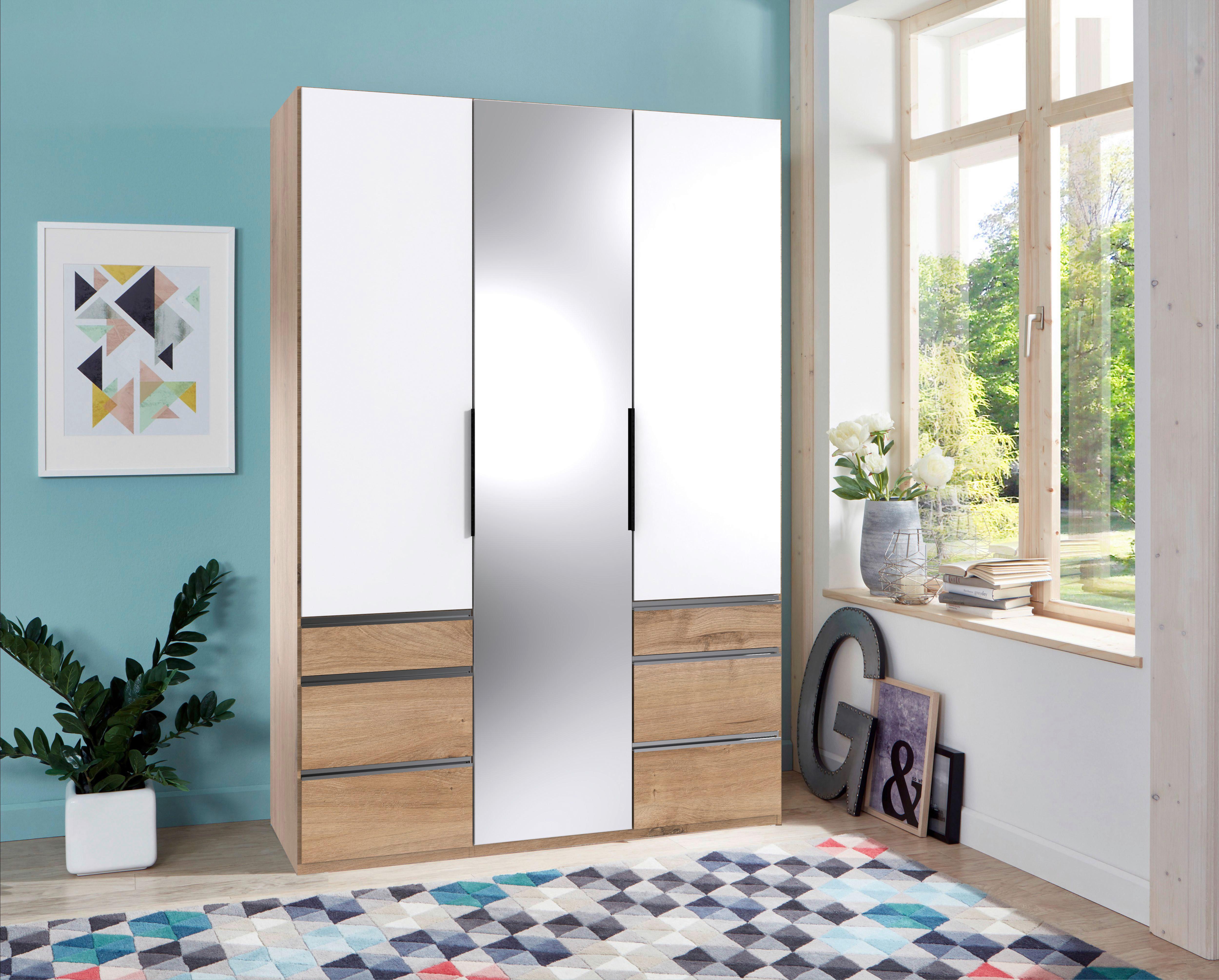 Drehtürenschrank Level 36A mit Spiegel ca. 150cm Weiß/Eiche Glas, Holzwerkstoff MID.YOU Möbel > Schränke > Kleiderschränke > Drehtürenschränke Weiß