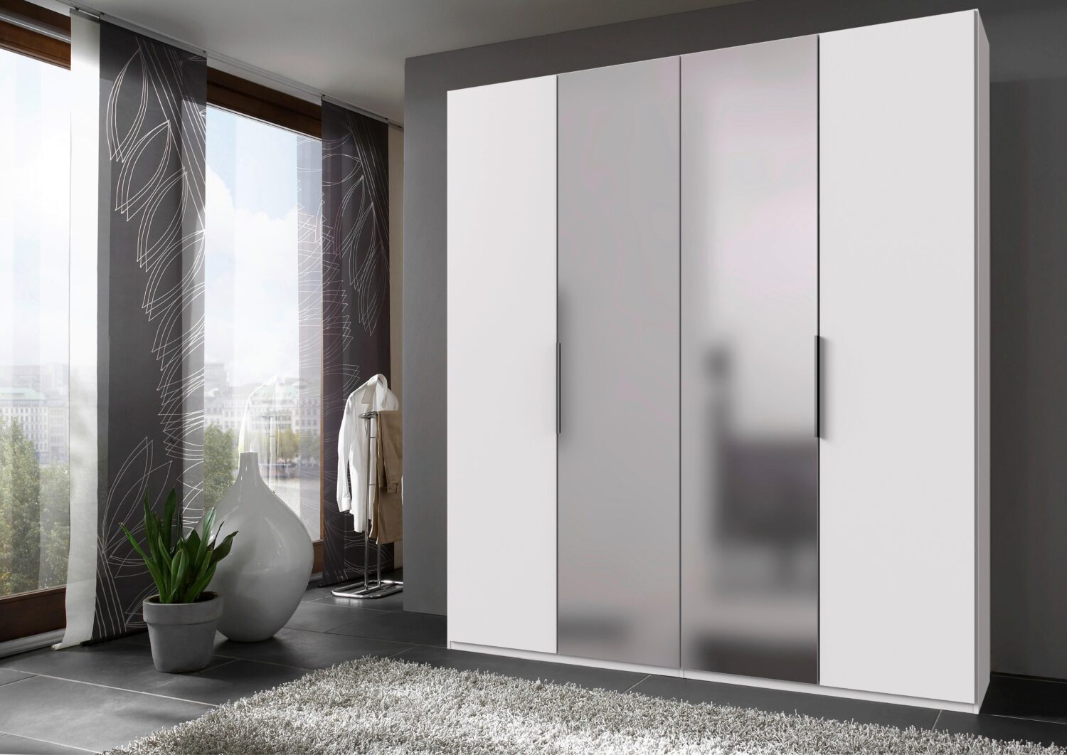 Drehtürenschrank Level 36A mit Spiegel ca. 200 cm Weiß Holzwerkstoff MID.YOU Möbel > Schränke > Kleiderschränke > Drehtürenschränke Weiß